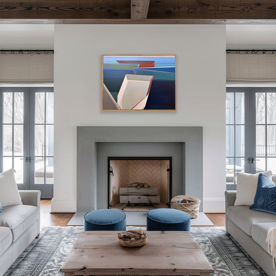 Geometric boat painting Harbor 30x40 by Shilo Ratner - coastal art in modern living room with fireplace