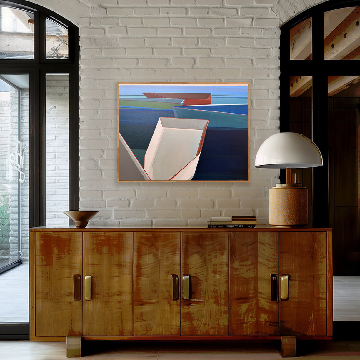 Harbor 30x40 geometric boat painting by Shilo Ratner - coastal art above wooden sideboard on brick wall