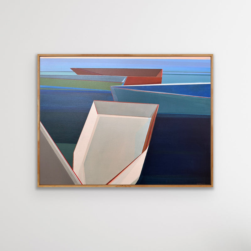 Harbor 30x40 geometric boat painting by Shilo Ratner - framed coastal art on white wall