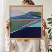 Original  One of a kind Abstract Mountain Landscape title Nature in Motion held up with frame by Artist Shilo Ratner.