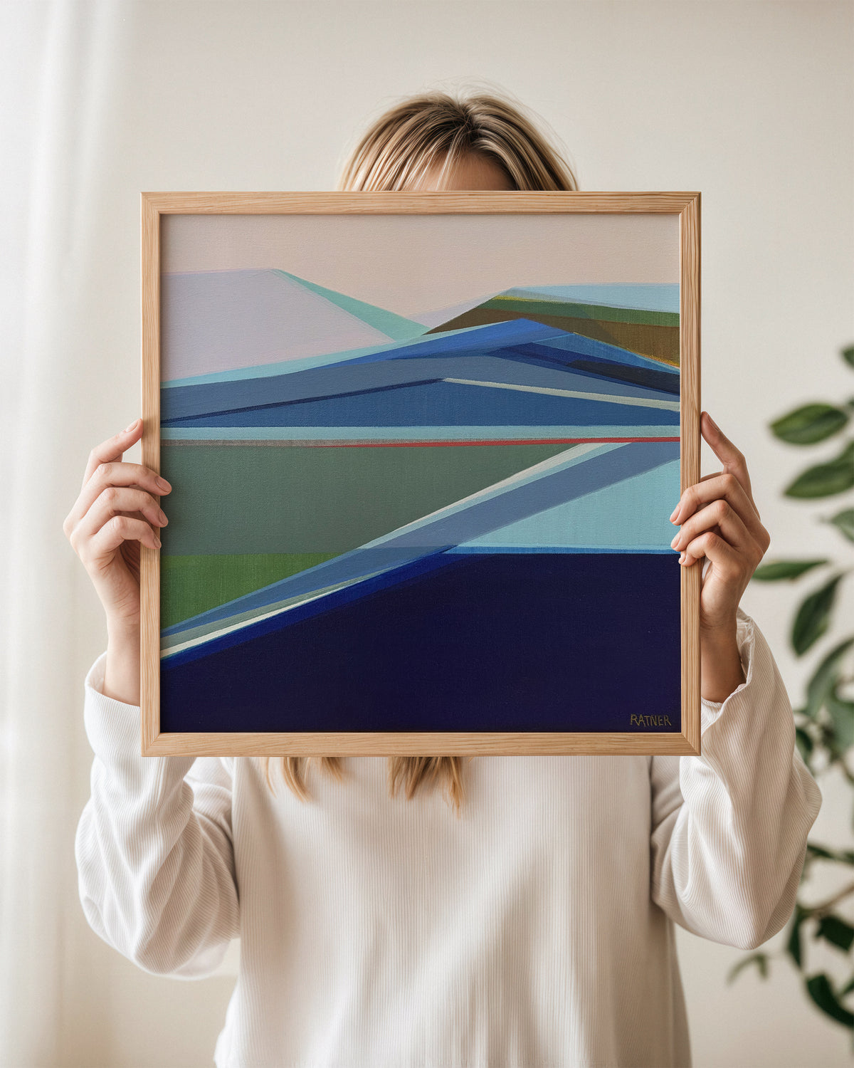 Original  One of a kind Abstract Mountain Landscape title Nature in Motion held up with frame by Artist Shilo Ratner.