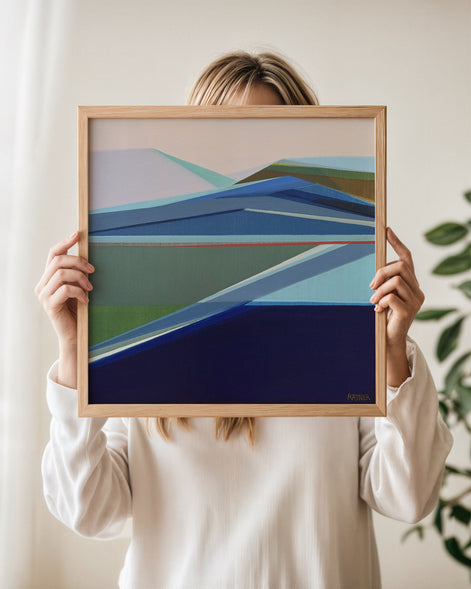 Original  One of a kind Abstract Mountain Landscape title Nature in Motion held up with frame by Artist Shilo Ratner.