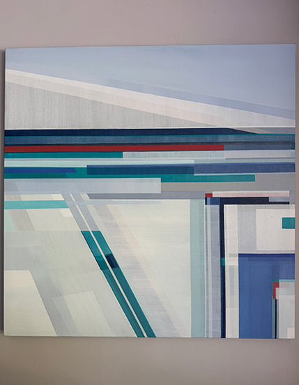 Arctic Lands by Shilo Ratner, 36×36 original geometric abstract painting of a pale mountain landscape in white, pastel tones, and blue