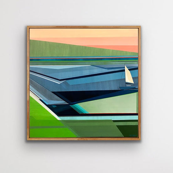 Sail-Away 36x36 geometric sailboat painting by Shilo Ratner - framed coastal art on white wall