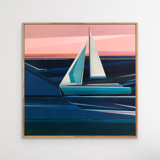 Sailboat 36x36 geometric coastal painting by Shilo Ratner - framed nautical art on white wall