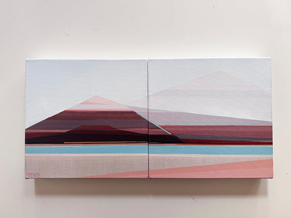 Minimalist abstract landscape painting, two panel geometric artwork in soft earth tones, artist Shilo Ratner