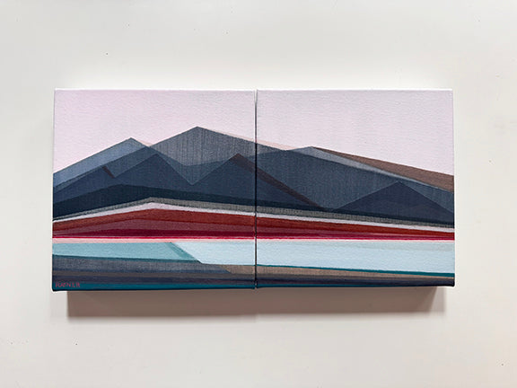 That Time of Night, original geometric abstract diptych painting, 10x20, dusk in pink and grey, by Shilo Ratner, New Haven