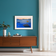 A Boat Named Freedom framed nautical print with pride flag on blue wall - geometric boat art by Connecticut artist Shilo Ratner