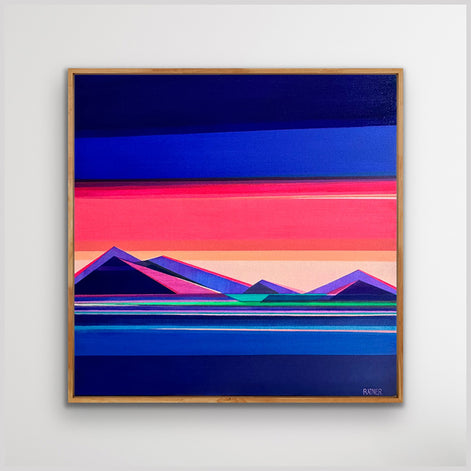 Chasing Daylight - original 30x30 colorful geometric mountain painting by Connecticut artist Shilo Ratner | hot pink and blue sunset landscape art