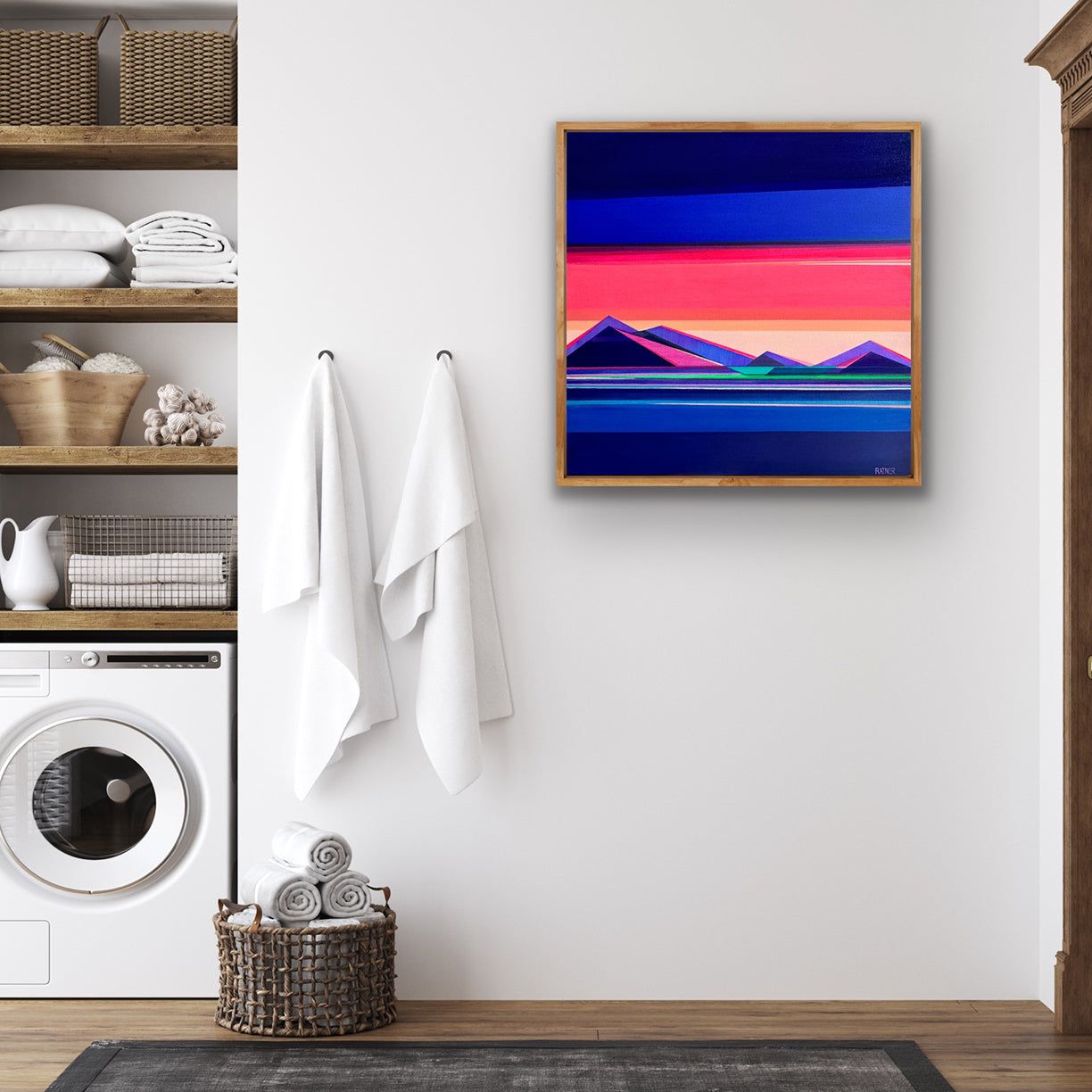 Chasing Daylight geometric mountain art in laundry room by Connecticut artist Shilo Ratner | original 30x30 colorful sunset landscape painting