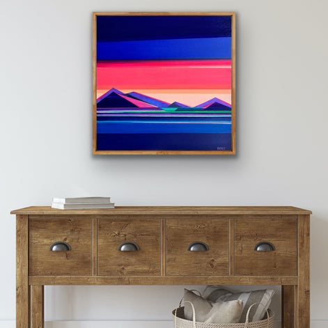 Chasing Daylight colorful geometric art in modern interior by New Haven artist Shilo Ratner | original 30x30 pink and blue mountain painting