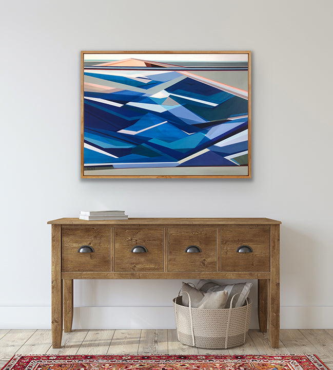Ebb-and-Flow 36x48 abstract painting by Shilo Ratner - coastal art above wooden console table