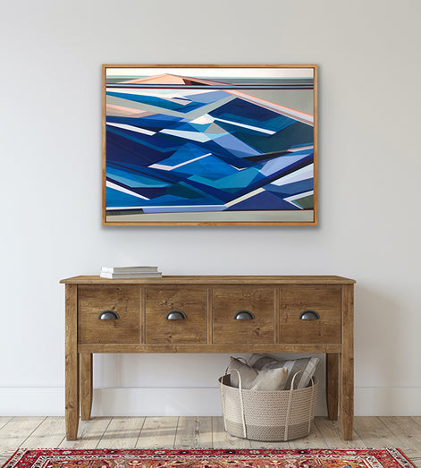 Ebb-and-Flow 36x48 abstract painting by Shilo Ratner - coastal art above wooden console table