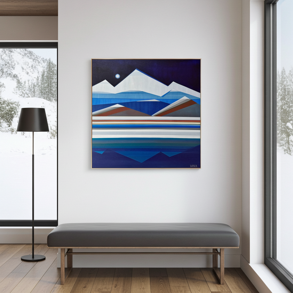 Full Moon Mountain - original 30x30 geometric abstract landscape by Connecticut artist Shilo Ratner 