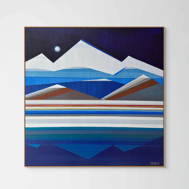Full Moon Mountain - blue, white and brown original 30x30 geometric abstract landscape painting by Connecticut artist Shilo Ratner | blue and white mountain art