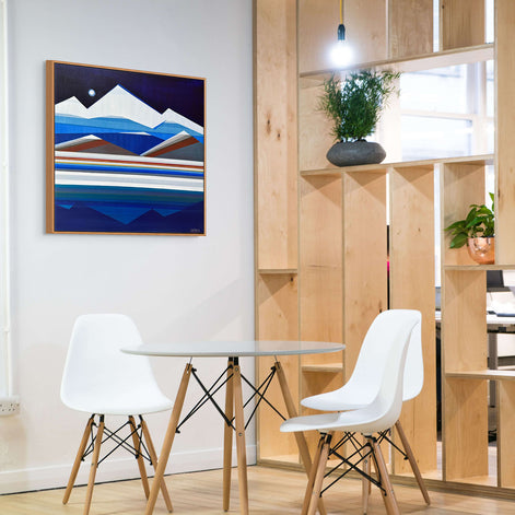 Full Moon Mountain blue geometric landscape in dining room - original 30x30 abstract mountain painting
