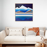 Full Moon Mountain geometric abstract art in modern living room by New Haven artist Shilo Ratner