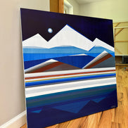 Full Moon Mountain in artist studio - original 30x30 geometric landscape painting - blue mountain art on easel