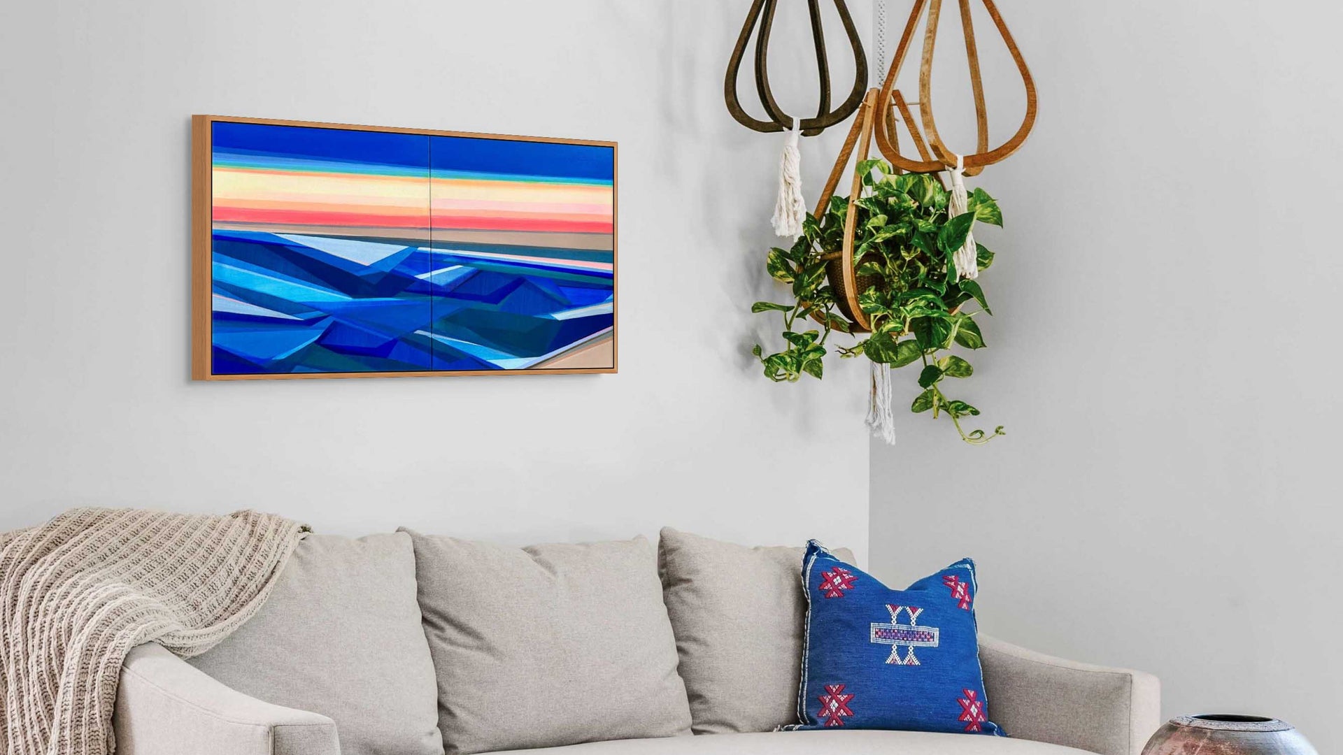 Rise geometric abstract painting 20x40 displayed in modern living room interior by Shilo Ratner