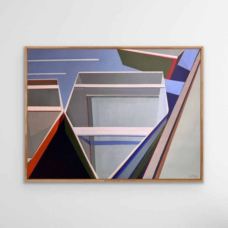 By-the-Dock 30x40 geometric boat painting by Shilo Ratner - coastal art on light-gray wall