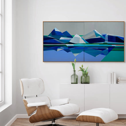 Answers-Found 40x80 mountain painting by Shilo Ratner - geometric diptych abstract art in modern living-room