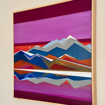 Mountain Valley side view - original 30x30 geometric purple mountain landscape painting by Connecticut artist Shilo Ratner | purple and brown dusk valley art detail
