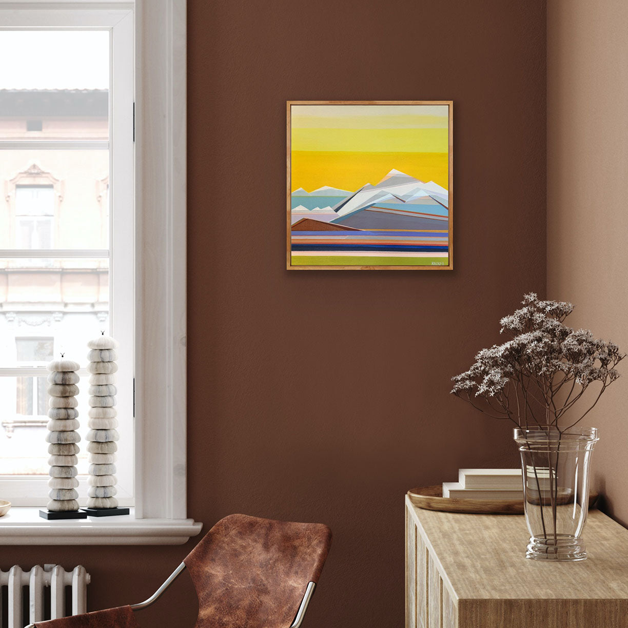 Sunshine Days geometric mountain art in modern interior by New Haven artist Shilo Ratner | original 20x20 abstract landscape painting