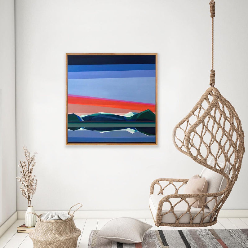 Reflection in Time - original 40x40 blue orange geometric mountain reflection painting by Connecticut artist Shilo Ratner | modern abstract landscape art