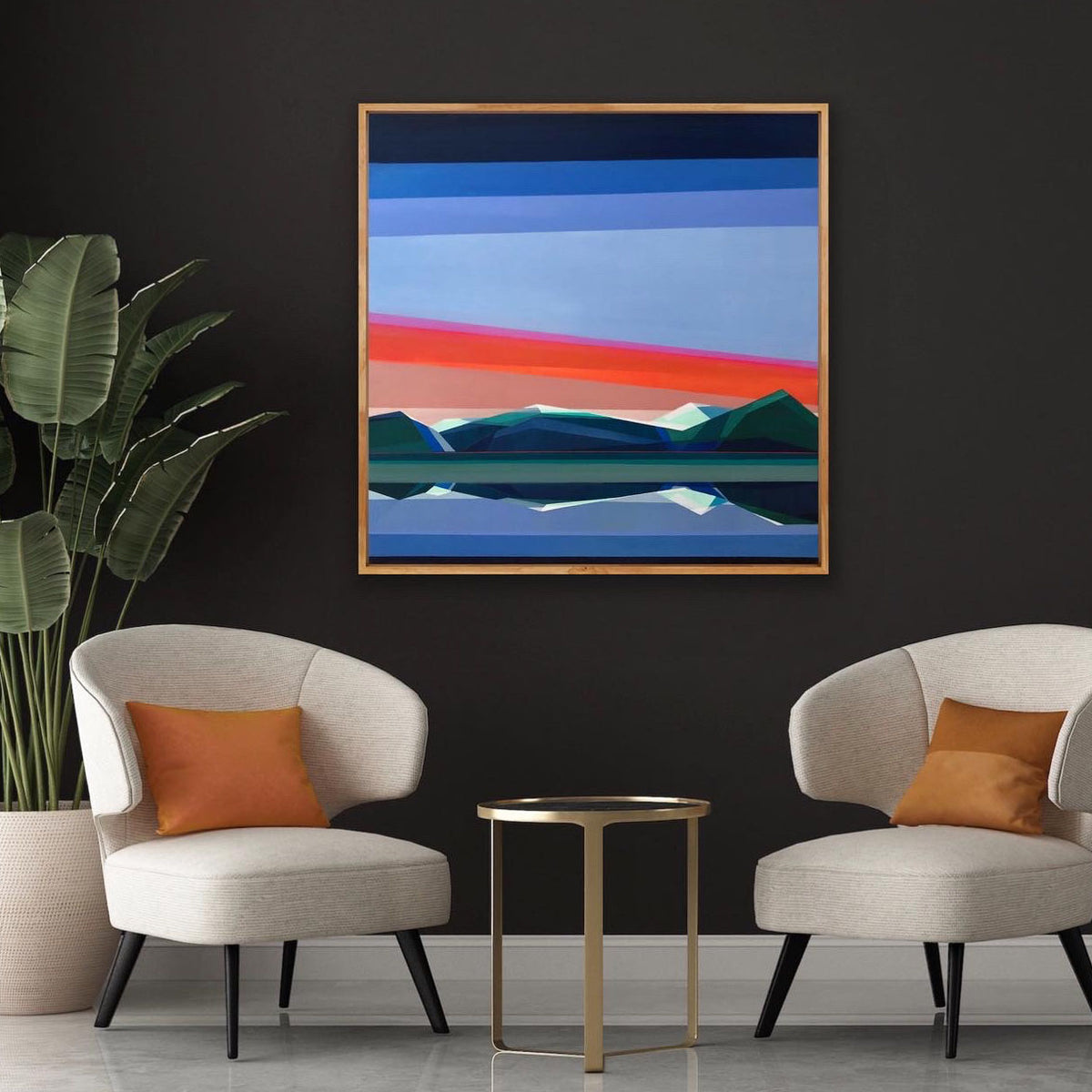 Reflection in Time blue orange geometric art on dark wall by Shilo Ratner | original 40x40 mirrored mountain landscape painting