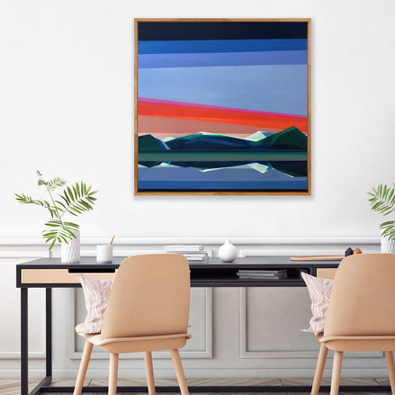 Reflection in Time geometric mountain art in modern office by Connecticut artist Shilo Ratner | original 40x40 blue orange reflection painting