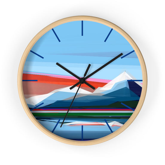 Reflection geometric mountain wall clock 10 inch colorful - modern vibrant clock with black hands by United States artist Shilo Ratner
