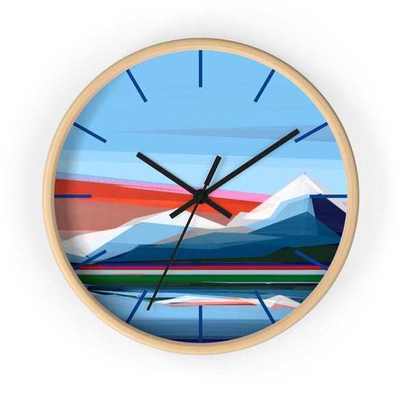 Reflection geometric mountain wall clock 10 inch colorful - modern vibrant clock with black hands by United States artist Shilo Ratner