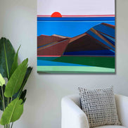 Large 40x40 geometric mountain abstract canvas painting by Shilo Ratner, highlighting layered architectural forms and spatial tension