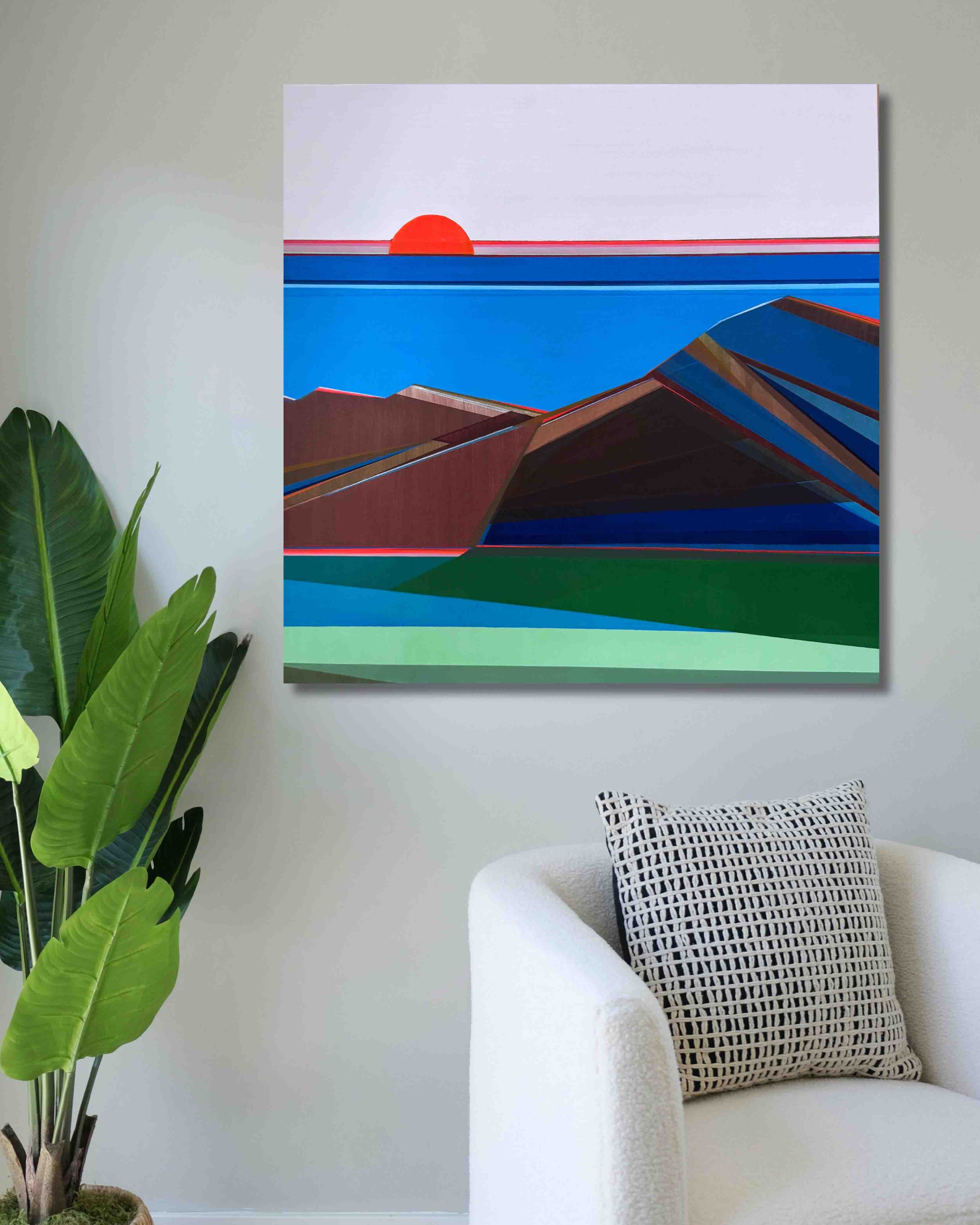 Large 40x40 geometric mountain abstract canvas painting by Shilo Ratner, highlighting layered architectural forms and spatial tension