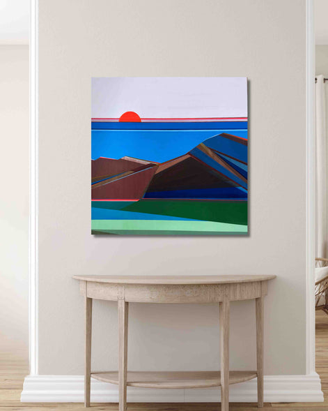 Large original 40x40 geometric abstract canvas painting by Shilo Ratner on wall