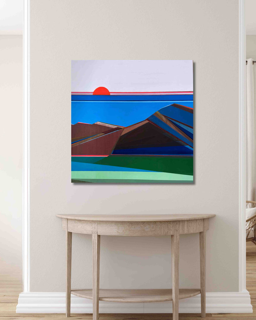 Large original 40x40 geometric abstract canvas painting by Shilo Ratner on wall
