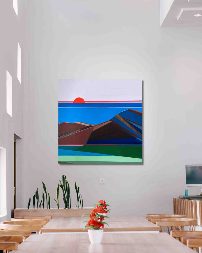 Original geometric mountain abstract landscape painting titled Golden Coast  by Shilo Ratner