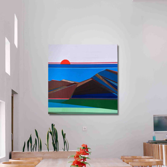 Original geometric mountain abstract landscape painting titled Golden Coast  by Shilo Ratner