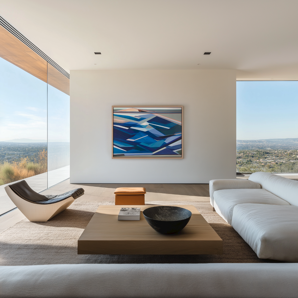 Modern living room with a large abstract painting Ebb and Flow on the wall, featuring a view of the outdoors by Artist Shilo Ratner 