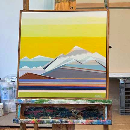 Sunshine Days in artist studio - original geometric mountain painting by abstract artist Shilo Ratner |  landscape on easel