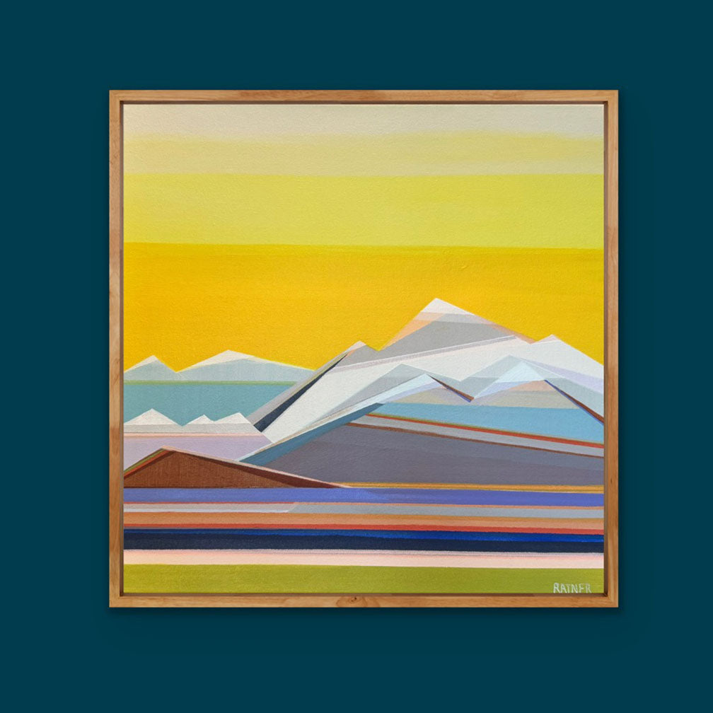 Sunshine Days - original 20x20 abstract mountain landscape painting by Connecticut artist Shilo Ratner | geometric art with colorful stripes.