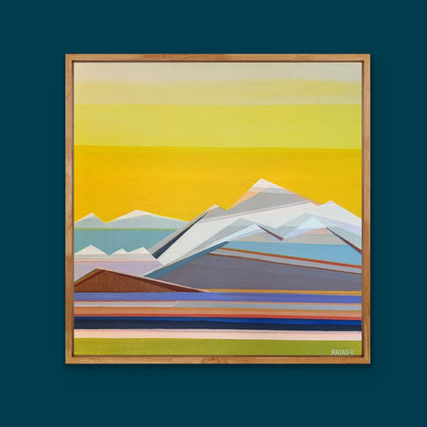 Sunshine Days - original 20x20 abstract mountain landscape painting by Connecticut artist Shilo Ratner | geometric art with colorful stripes.