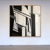 Abstract painting 60x60 black and white geometric art by Shilo Ratner on studio wall