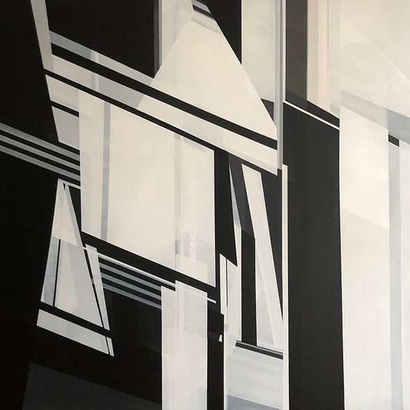 Close-up detail of black and white abstract painting texture and geometric shapes by Shilo Ratner