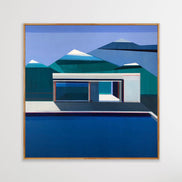 Up North - original 40x40 blue geometric mountain painting with architectural structure by Connecticut artist Shilo Ratner | modern abstract landscape art