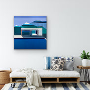Up North architectural mountain landscape in living room by Shilo Ratner | original 40x40 blue geometric abstract painting
