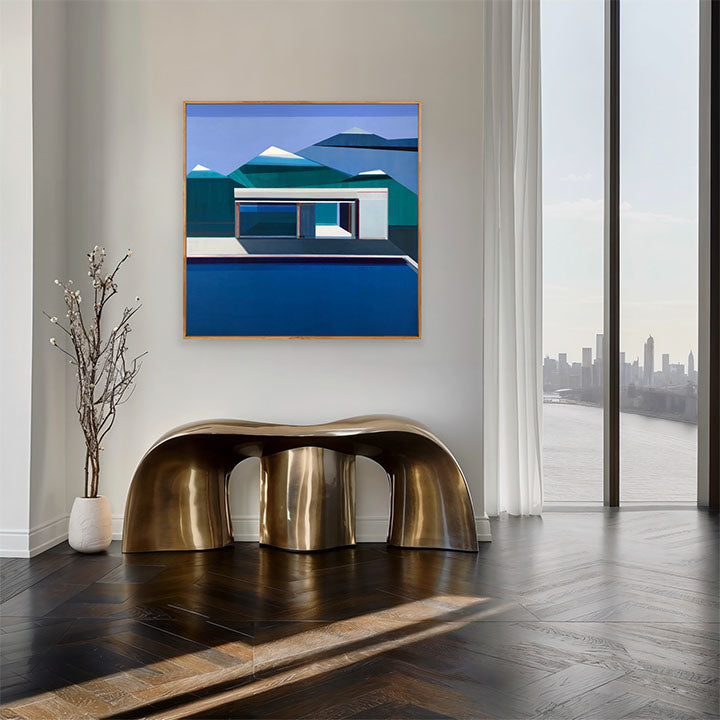 Up North blue geometric mountain art in modern interior by Connecticut artist Shilo Ratner | original 40x40 architectural landscape painting