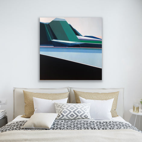 View From Trail calming geometric mountain art above bed by Connecticut artist Shilo Ratner | original 40x40 nature-inspired trail painting
