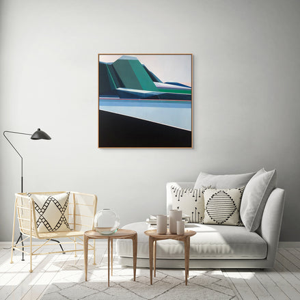 View From Trail geometric mountain art in modern living room by Connecticut artist Shilo Ratner | original 40x40 minimalist trail landscape painting