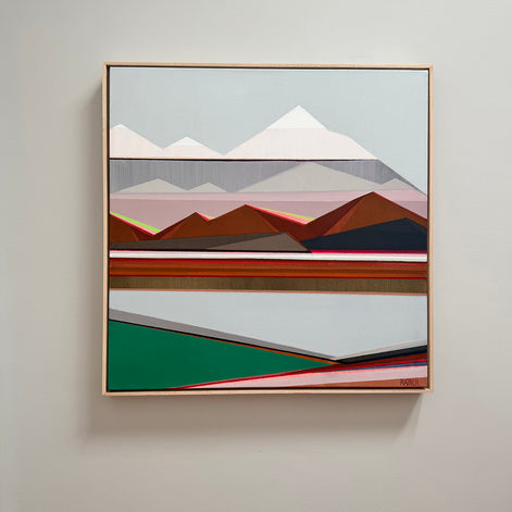 Vista - original 30x30 geometric abstract mountain landscape painting by Connecticut artist Shilo Ratner | muted grey and green contemporary art